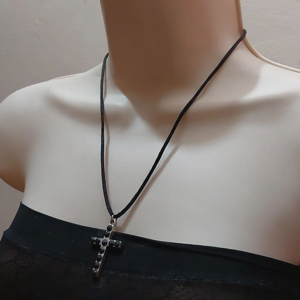 Silver Tone Pendant Paved with Black Rhinestones on Black Cord Necklace - Picture 3 of 6